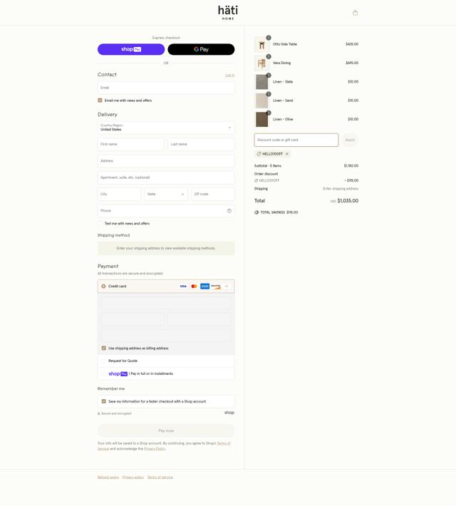 Hati Home checkout page showing Hati Home discount code box | Screenshot taken by SimplyCodes community member on Apr 18, 2025