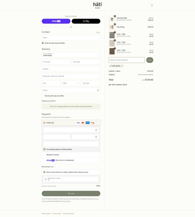 Hati Home checkout page showing Hati Home discount code box | Screenshot taken by SimplyCodes community member on Apr 18, 2025