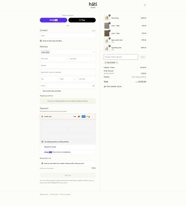Hati Home checkout page showing Hati Home discount code box | Screenshot taken by SimplyCodes community member on Apr 4, 2025