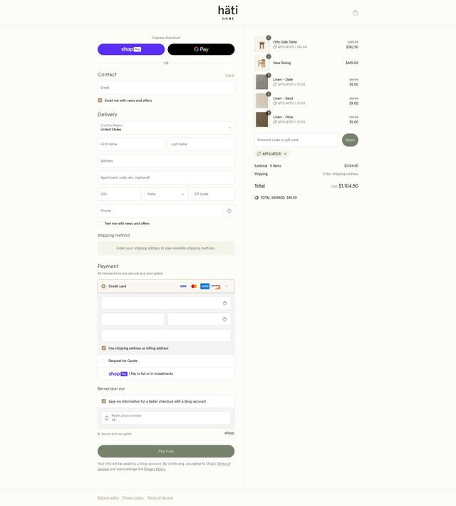 Hati Home checkout page showing Hati Home discount code box | Screenshot taken by SimplyCodes community member on Apr 25, 2025