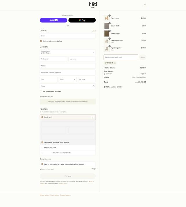 Hati Home checkout page showing Hati Home discount code box | Screenshot taken by SimplyCodes community member on Apr 4, 2025