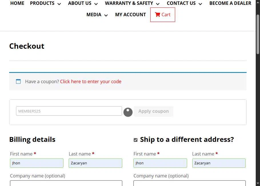 HatsanUSA checkout page showing HatsanUSA coupon code box | Screenshot taken by SimplyCodes community member on Dec 28, 2025