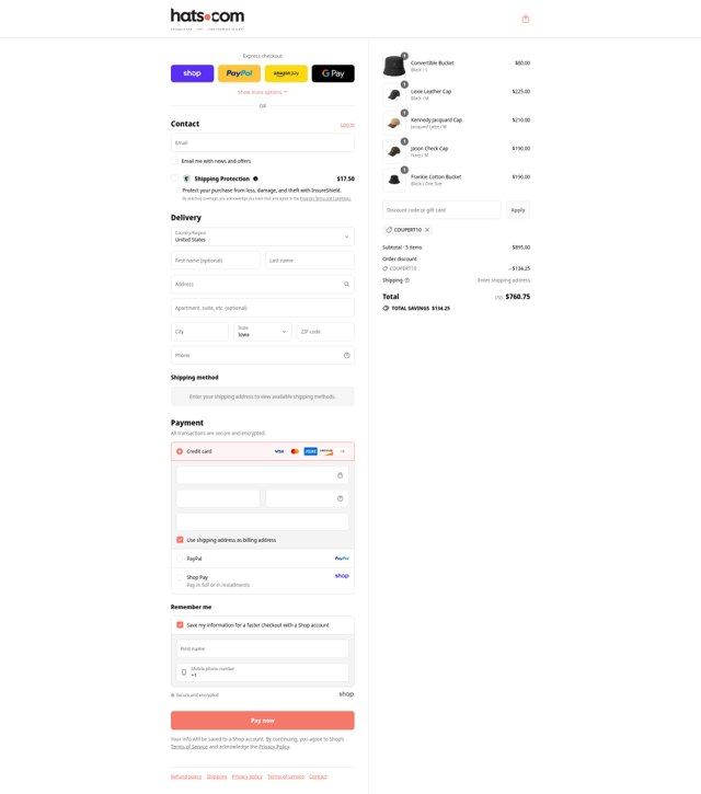 Hats.com checkout page showing Hats.com promo code box | Screenshot taken by SimplyCodes community member on Sep 3, 2025