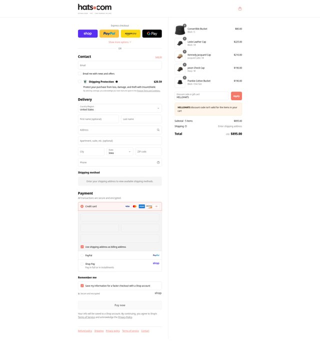 Hats.com checkout page showing Hats.com promo code box | Screenshot taken by SimplyCodes community member on Aug 30, 2025
