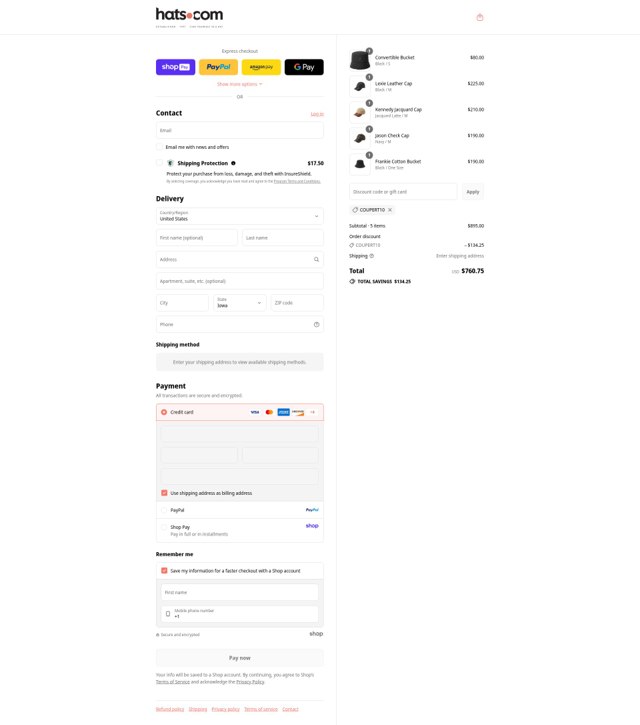 Hats.com checkout page showing Hats.com promo code box | Screenshot taken by SimplyCodes community member on Aug 22, 2025