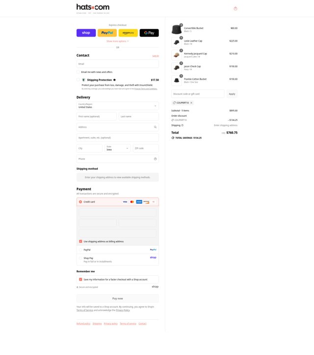 Hats.com checkout page showing Hats.com promo code box | Screenshot taken by SimplyCodes community member on Aug 30, 2025