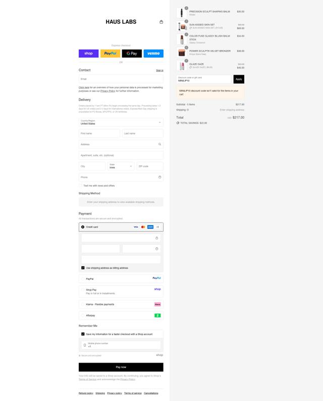 Haus Labs by Lady Gaga checkout page showing Haus Labs by Lady Gaga promo code box | Screenshot taken by SimplyCodes community member on Sep 14, 2025