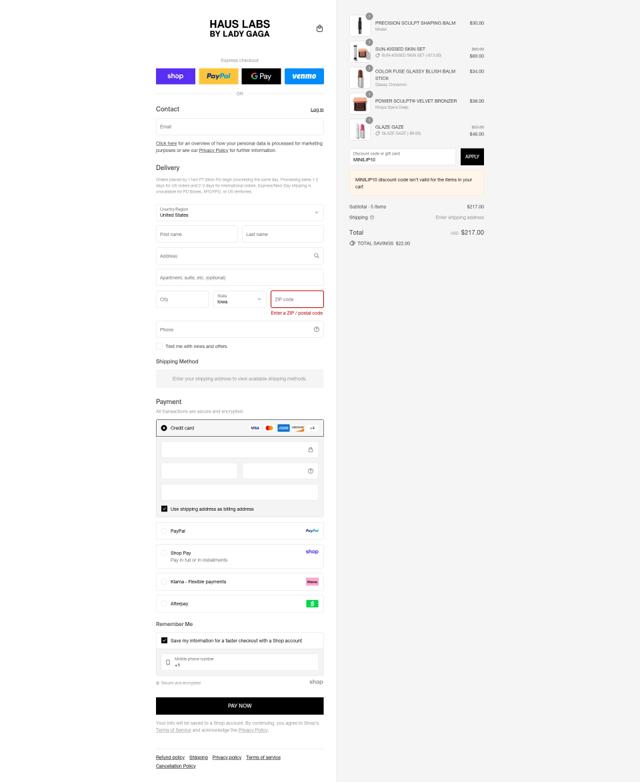 Haus Labs by Lady Gaga checkout page showing Haus Labs by Lady Gaga promo code box | Screenshot taken by SimplyCodes community member on Sep 2, 2025