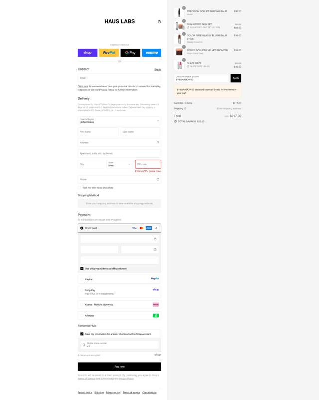 Haus Labs by Lady Gaga checkout page showing Haus Labs by Lady Gaga promo code box | Screenshot taken by SimplyCodes community member on Sep 14, 2025