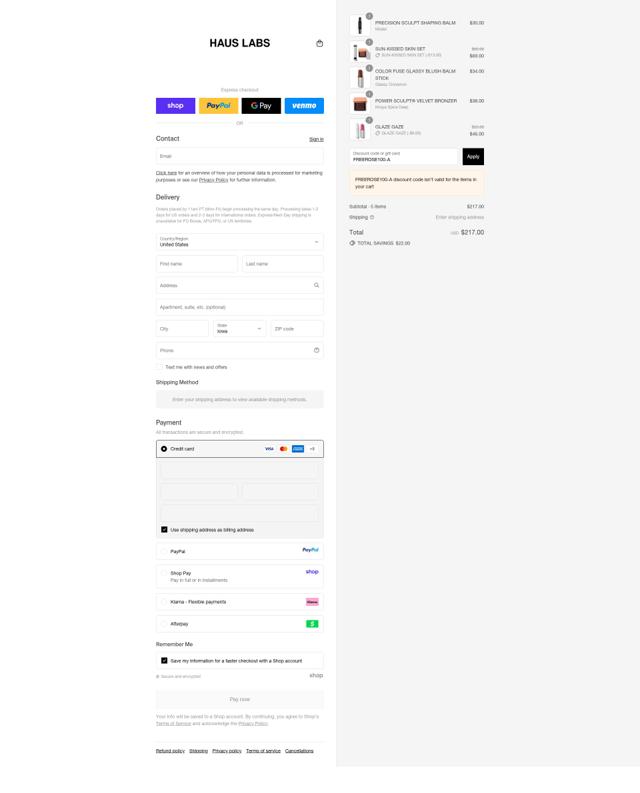 Haus Labs by Lady Gaga checkout page showing Haus Labs by Lady Gaga promo code box | Screenshot taken by SimplyCodes community member on Sep 14, 2025