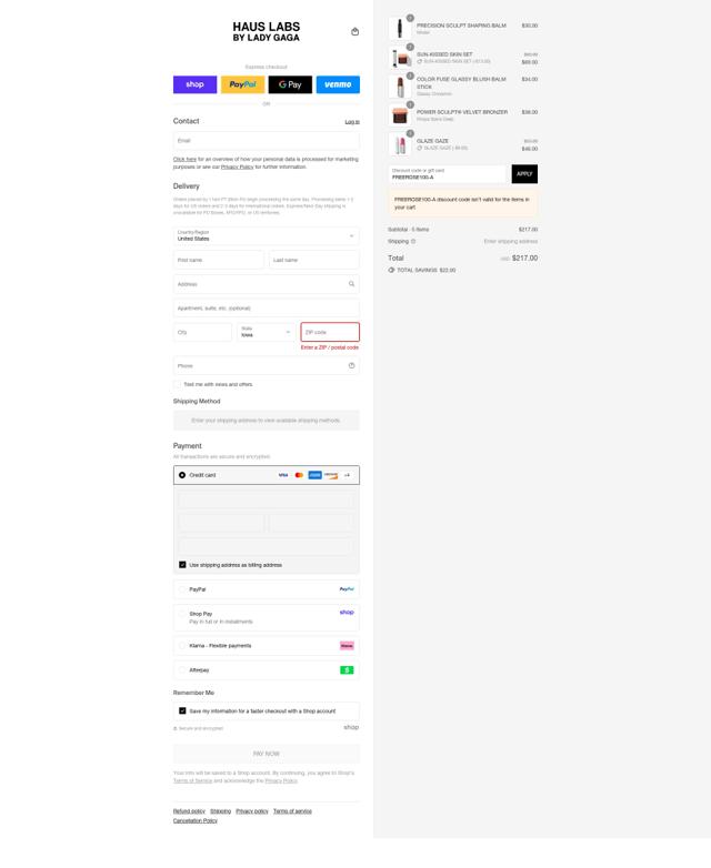 Haus Labs by Lady Gaga checkout page showing Haus Labs by Lady Gaga promo code box | Screenshot taken by SimplyCodes community member on Sep 2, 2025