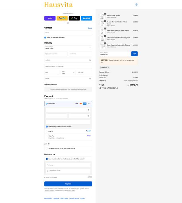 Hausvita checkout page showing Hausvita promo code box | Screenshot taken by SimplyCodes community member on Sep 10, 2025