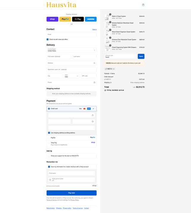 Hausvita checkout page showing Hausvita promo code box | Screenshot taken by SimplyCodes community member on Sep 10, 2025