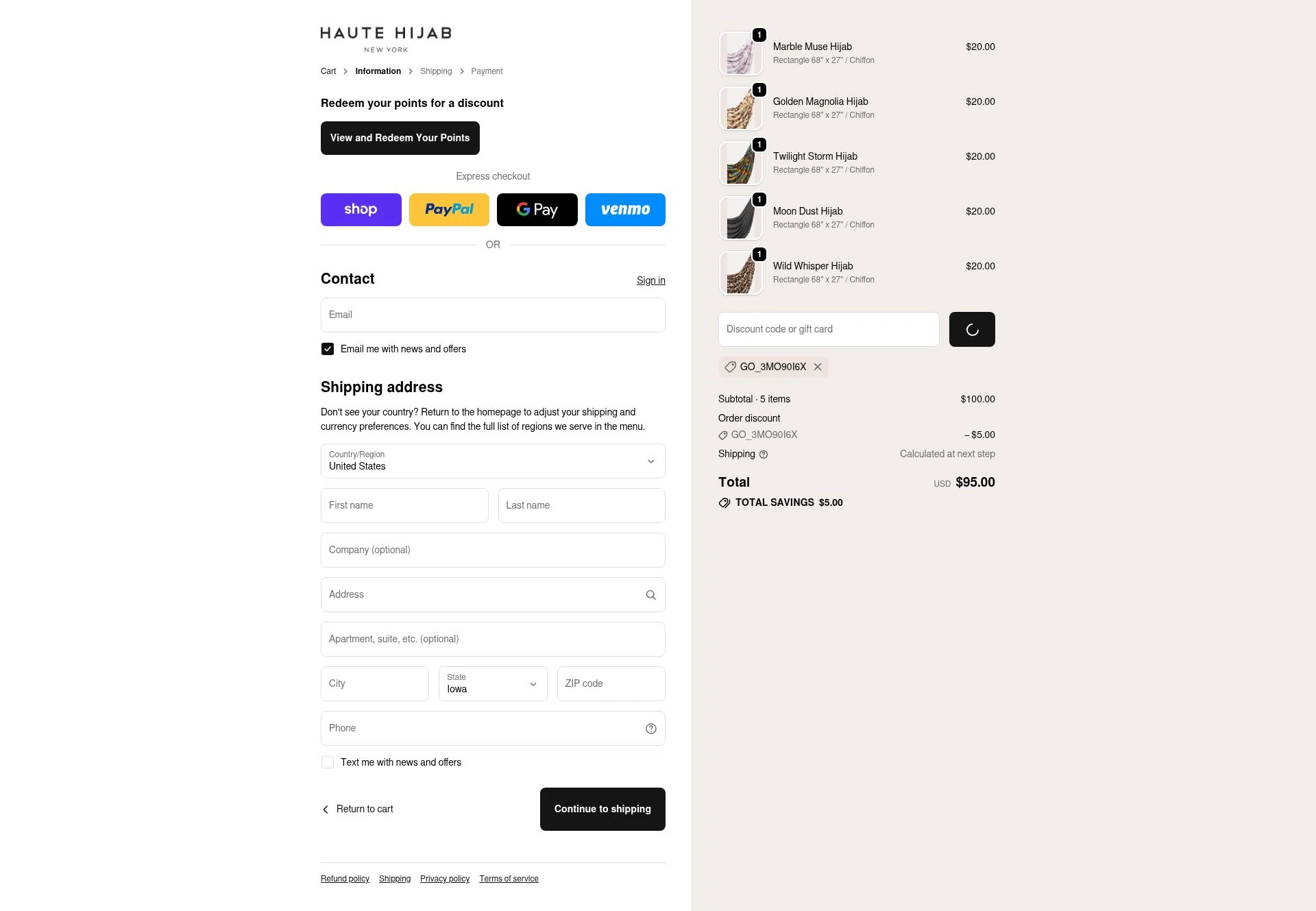 Haute Hijab checkout page showing Haute Hijab discount code box | Screenshot taken by SimplyCodes community member on Feb 24, 2026