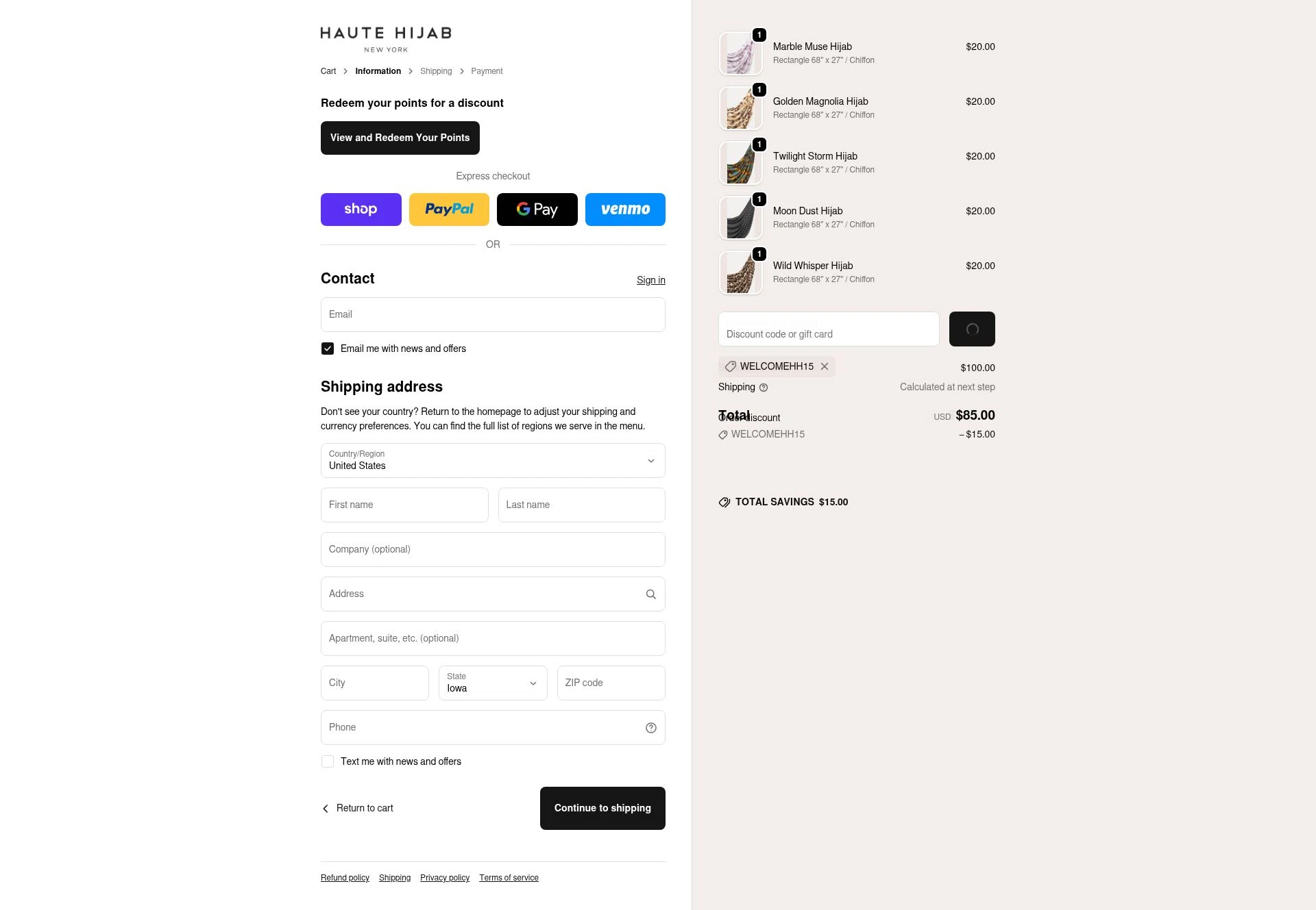 Haute Hijab checkout page showing Haute Hijab discount code box | Screenshot taken by SimplyCodes community member on Feb 24, 2026