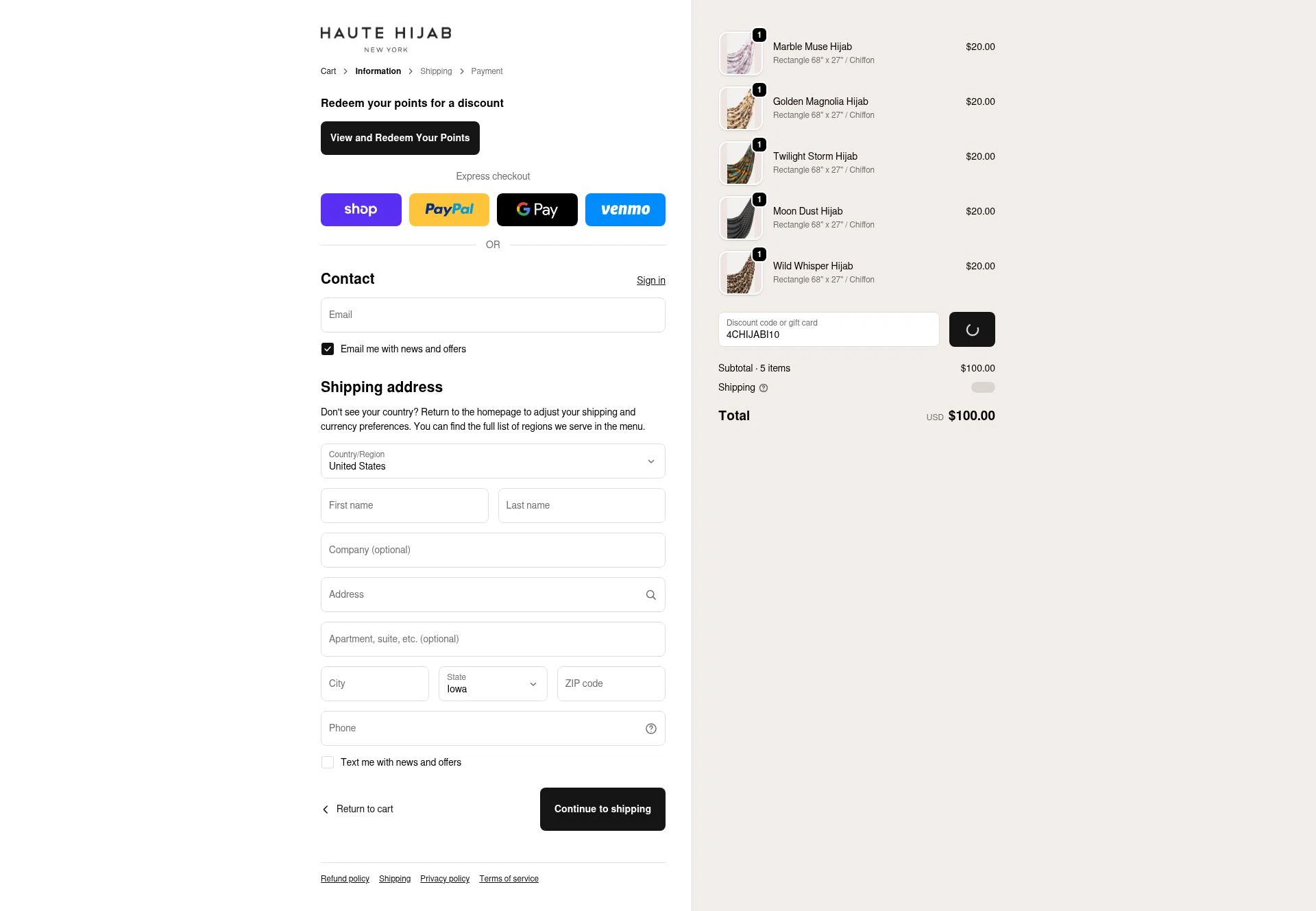Haute Hijab checkout page showing Haute Hijab discount code box | Screenshot taken by SimplyCodes community member on Feb 24, 2026