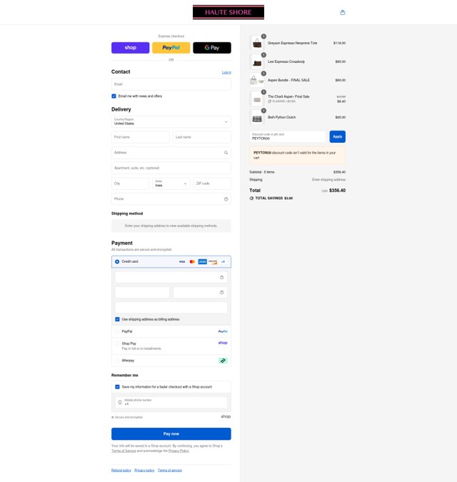 Haute Shore checkout page showing Haute Shore coupon code box | Screenshot taken by SimplyCodes community member on Sep 2, 2025