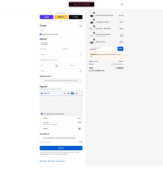 Haute Shore checkout page showing Haute Shore coupon code box | Screenshot taken by SimplyCodes community member on Sep 2, 2025