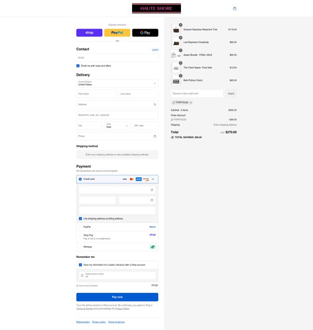 Haute Shore checkout page showing Haute Shore coupon code box | Screenshot taken by SimplyCodes community member on Sep 2, 2025