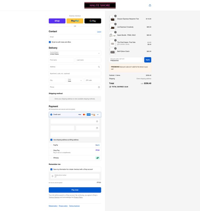 Haute Shore checkout page showing Haute Shore coupon code box | Screenshot taken by SimplyCodes community member on Sep 2, 2025