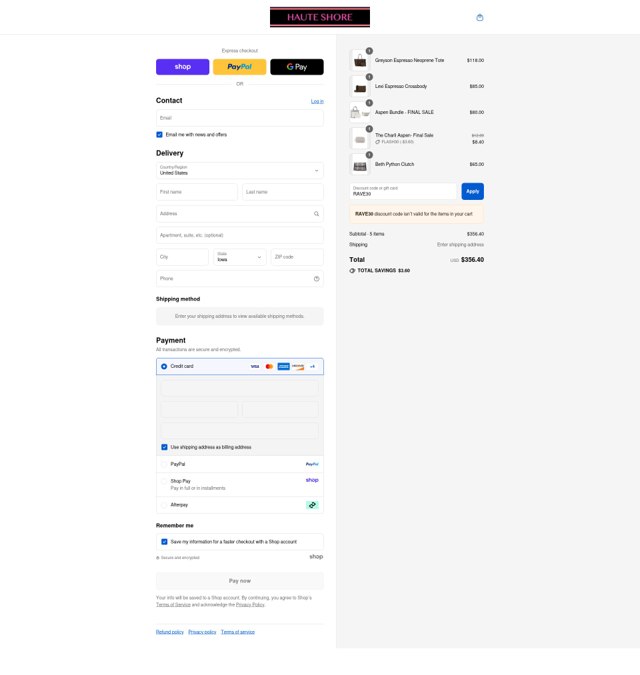 Haute Shore checkout page showing Haute Shore coupon code box | Screenshot taken by SimplyCodes community member on Sep 2, 2025
