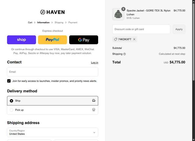 Haven Shop checkout page showing Haven Shop discount code box | Screenshot taken by SimplyCodes community member on Sep 3, 2025