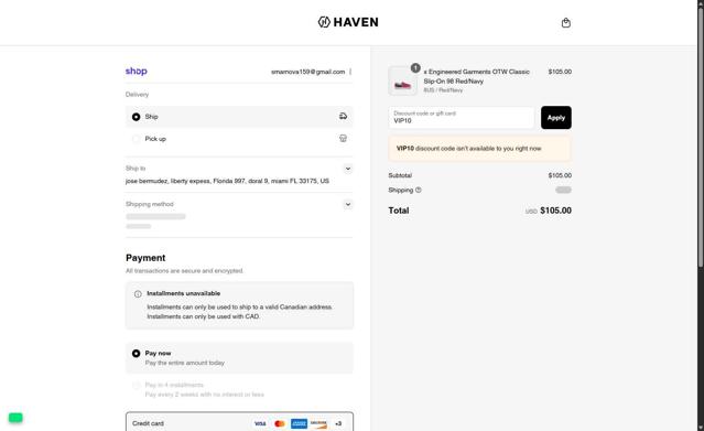 Haven Shop checkout page showing Haven Shop discount code box | Screenshot taken by SimplyCodes community member on Sep 3, 2025