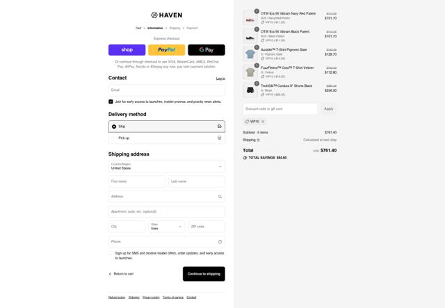 Haven Shop checkout page showing Haven Shop discount code box | Screenshot taken by SimplyCodes community member on Sep 7, 2025