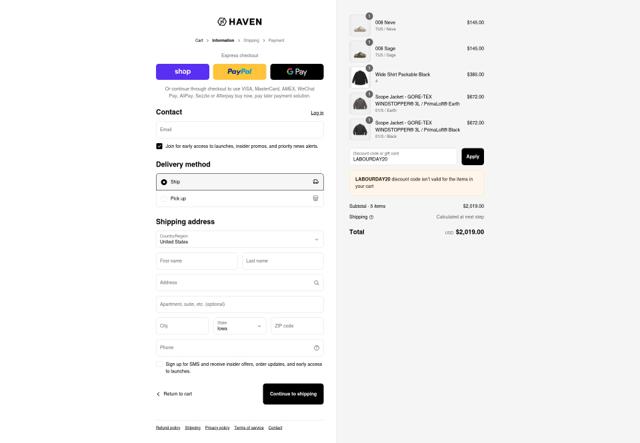 Haven Shop checkout page showing Haven Shop discount code box | Screenshot taken by SimplyCodes community member on Sep 3, 2025