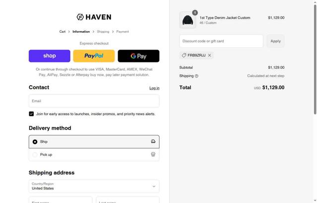 Haven Shop checkout page showing Haven Shop discount code box | Screenshot taken by SimplyCodes community member on Sep 6, 2025