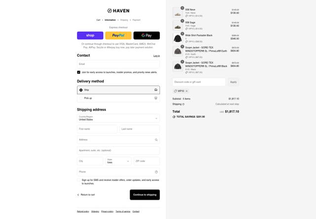 Haven Shop checkout page showing Haven Shop discount code box | Screenshot taken by SimplyCodes community member on Sep 3, 2025