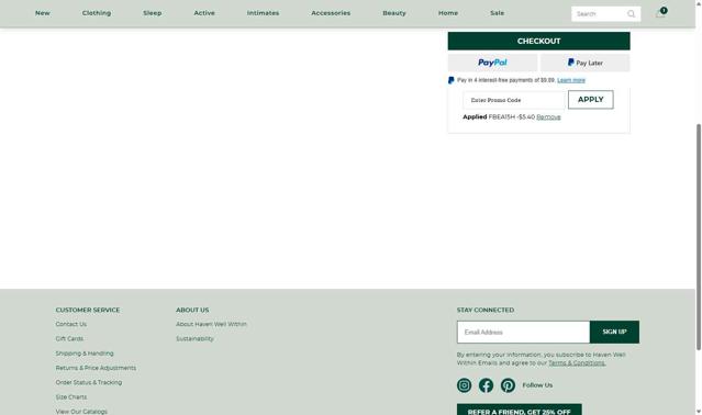 Haven Well Within checkout page showing Haven Well Within promo code box | Screenshot taken by SimplyCodes community member on Jul 17, 2025