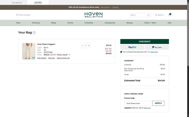 Haven Well Within checkout page showing Haven Well Within promo code box | Screenshot taken by SimplyCodes community member on Sep 2, 2025