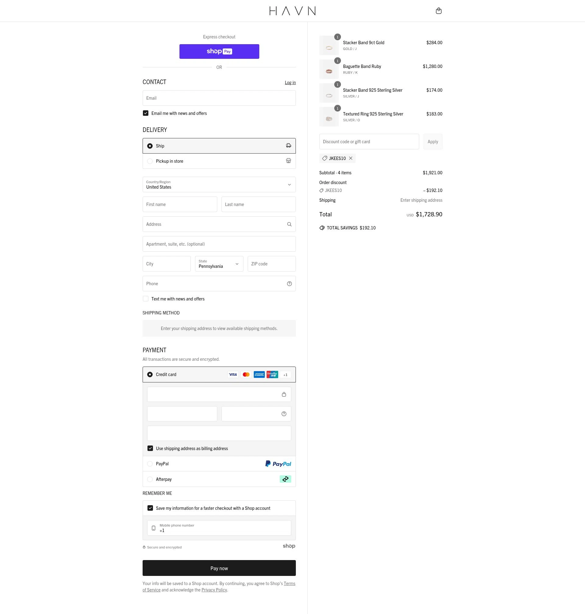 HAVN checkout page showing HAVN discount code box | Screenshot taken by SimplyCodes community member on Jun 30, 2025
