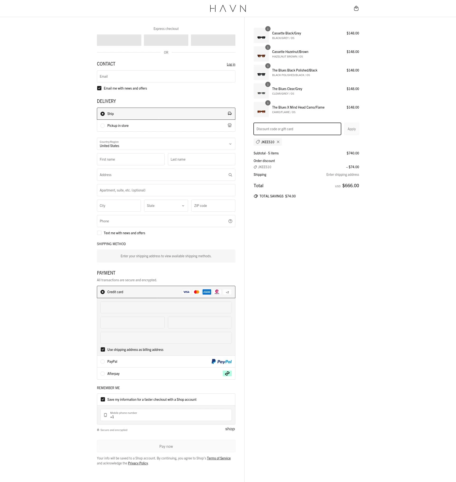 HAVN checkout page showing HAVN discount code box | Screenshot taken by SimplyCodes community member on Apr 18, 2025