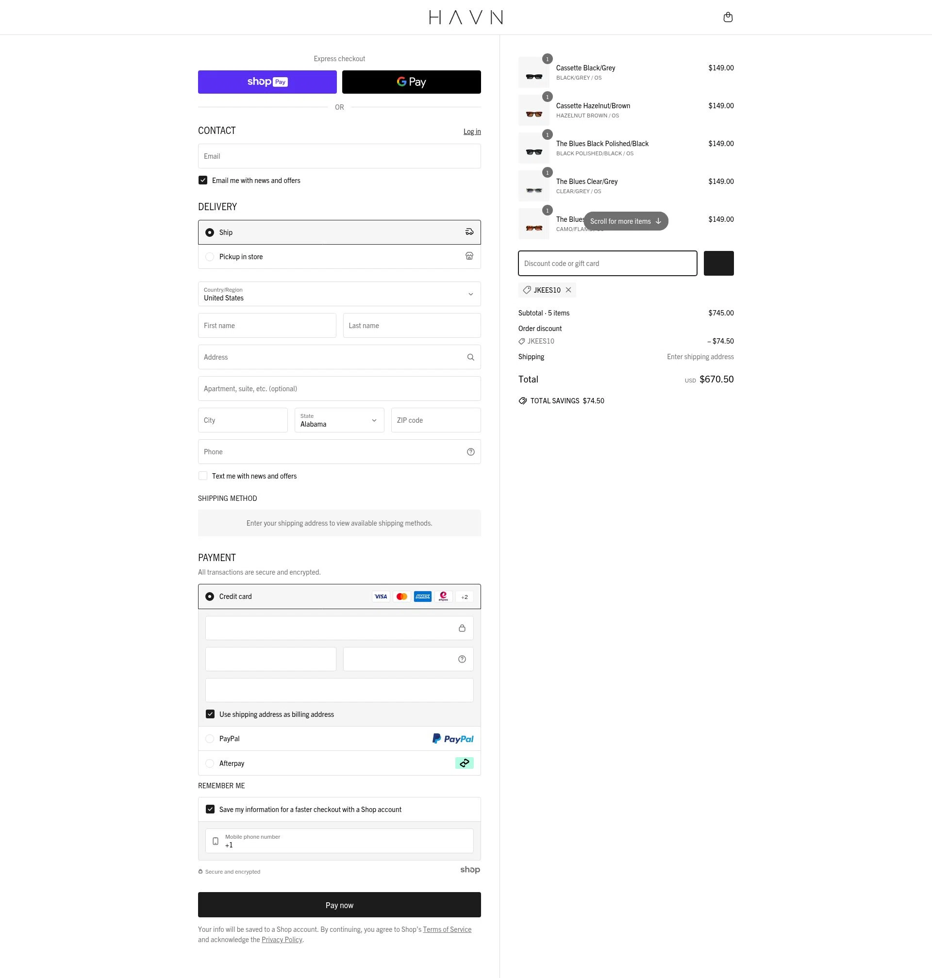 HAVN checkout page showing HAVN discount code box | Screenshot taken by SimplyCodes community member on May 2, 2025