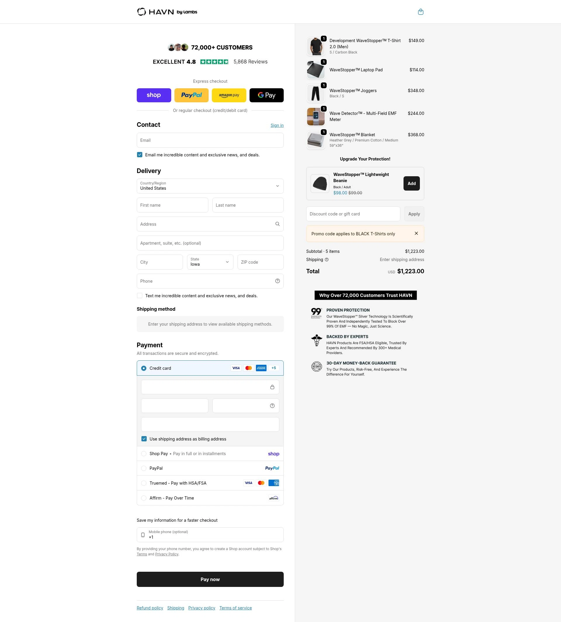 HAVN Wear checkout page showing HAVN Wear promo code box | Screenshot taken by SimplyCodes community member on Feb 6, 2026