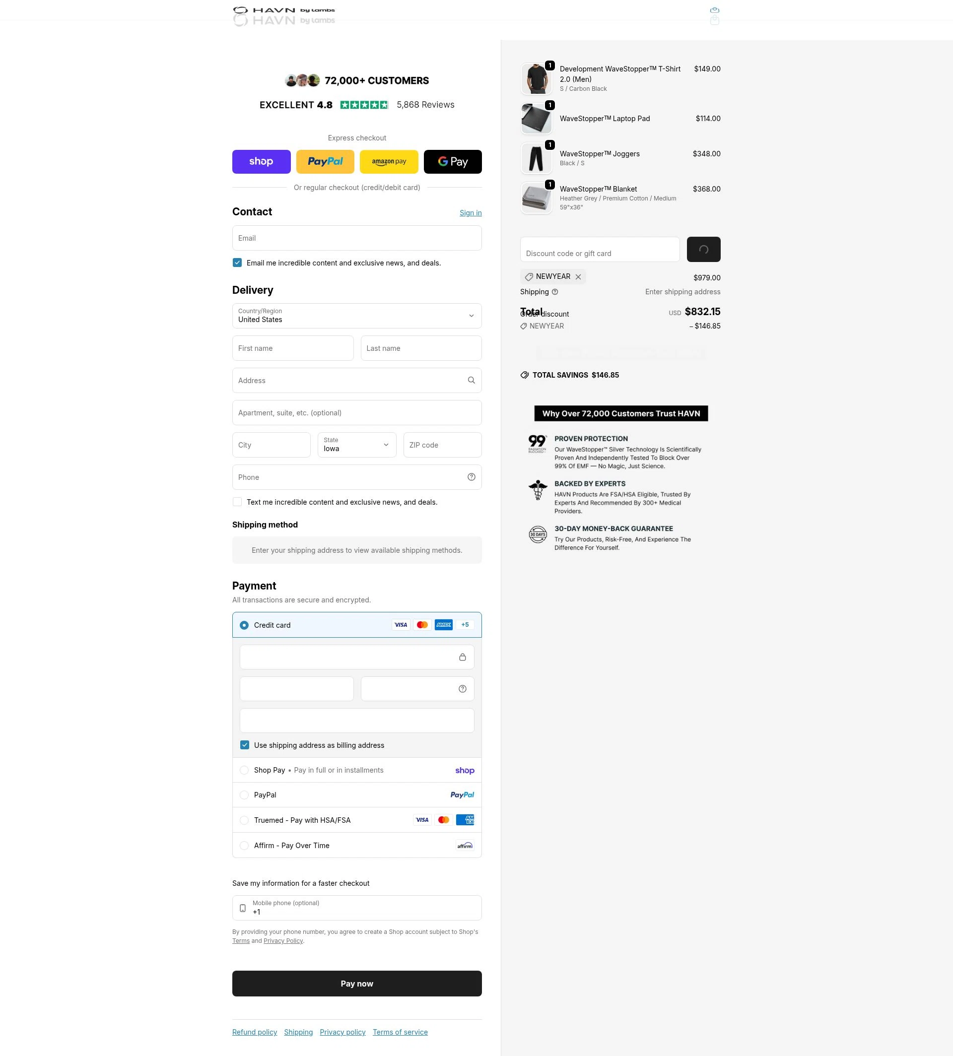 HAVN Wear checkout page showing HAVN Wear promo code box | Screenshot taken by SimplyCodes community member on Feb 15, 2026