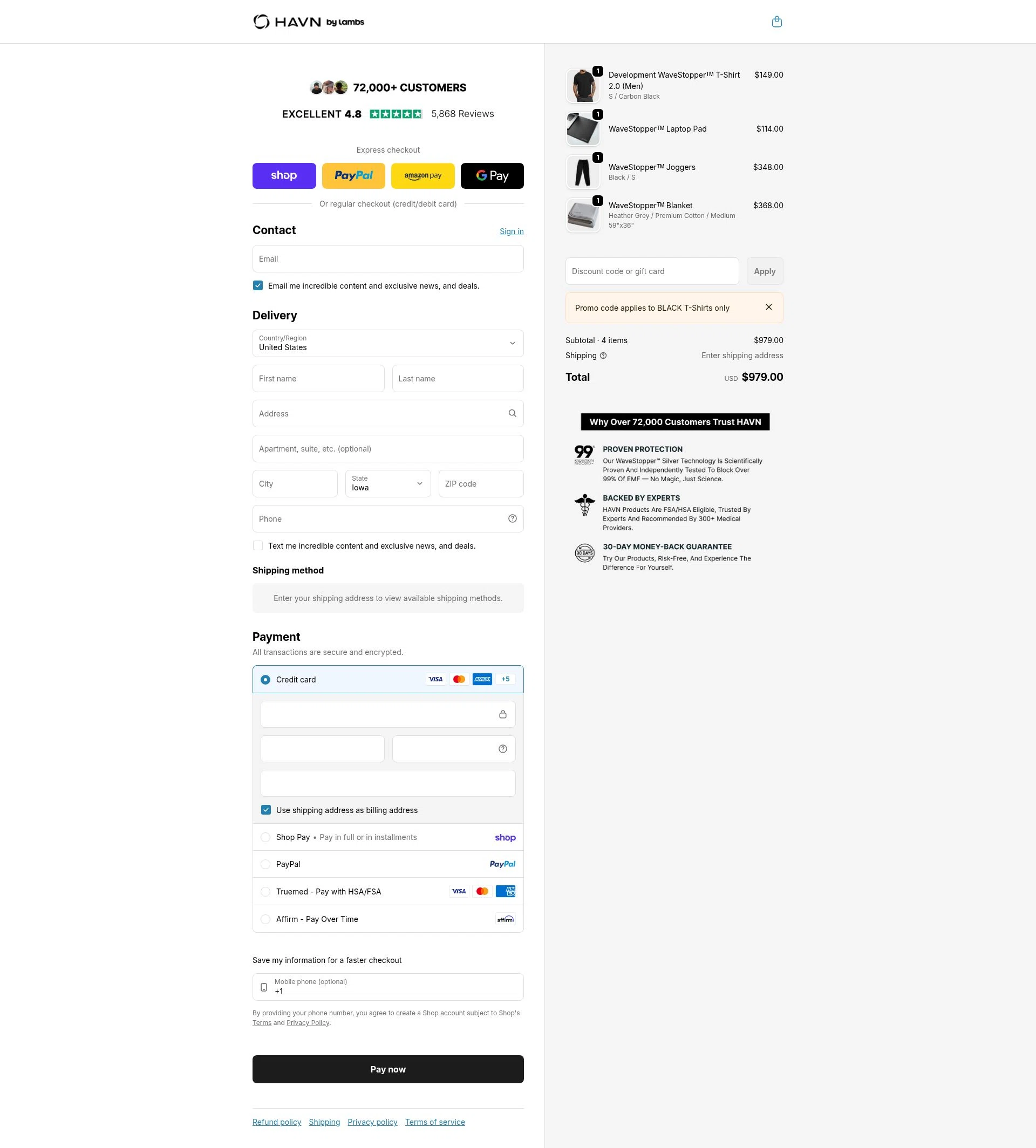HAVN Wear checkout page showing HAVN Wear promo code box | Screenshot taken by SimplyCodes community member on Feb 11, 2026