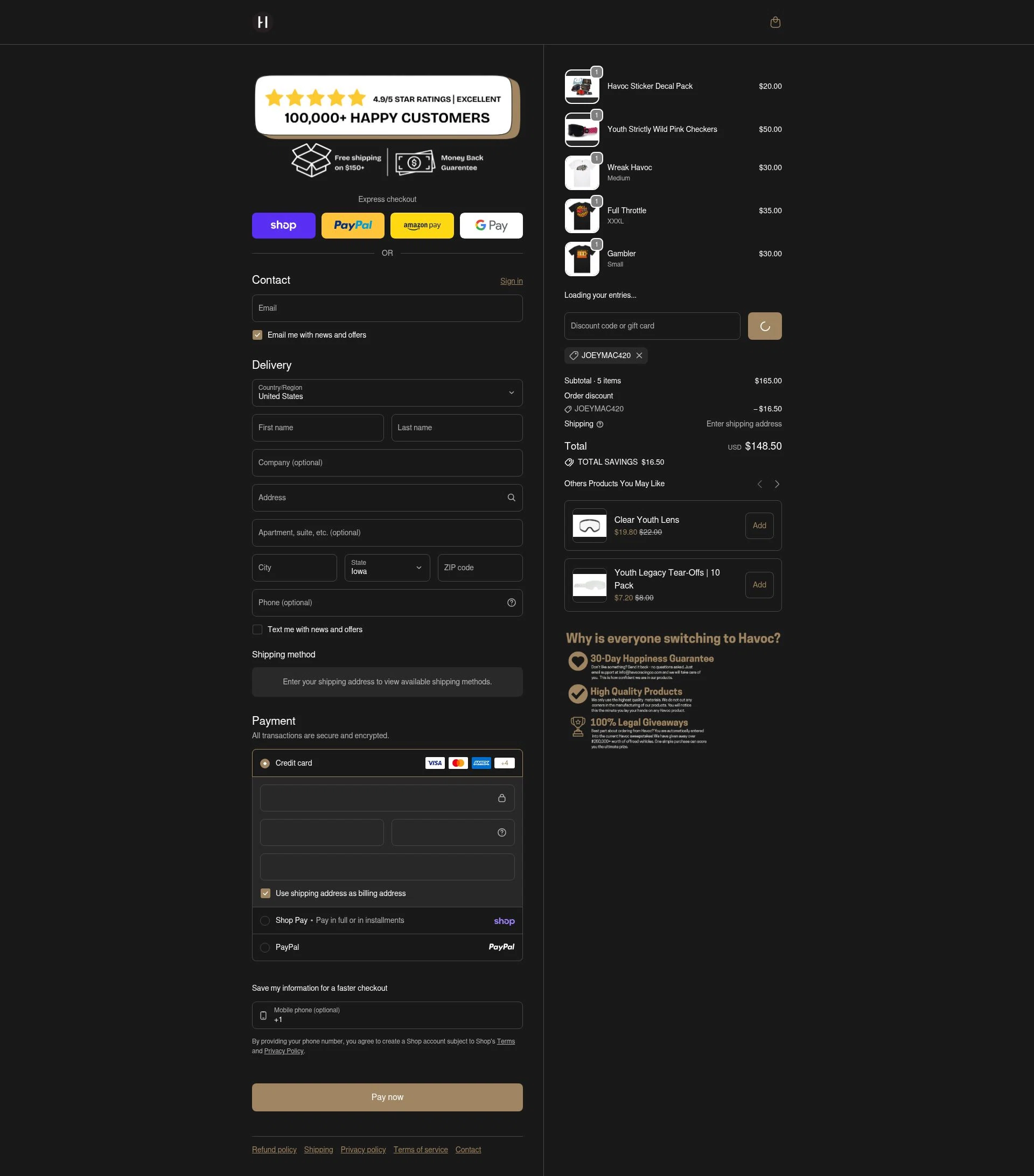 Havoc checkout page showing Havoc discount code box | Screenshot taken by SimplyCodes community member on Feb 5, 2026