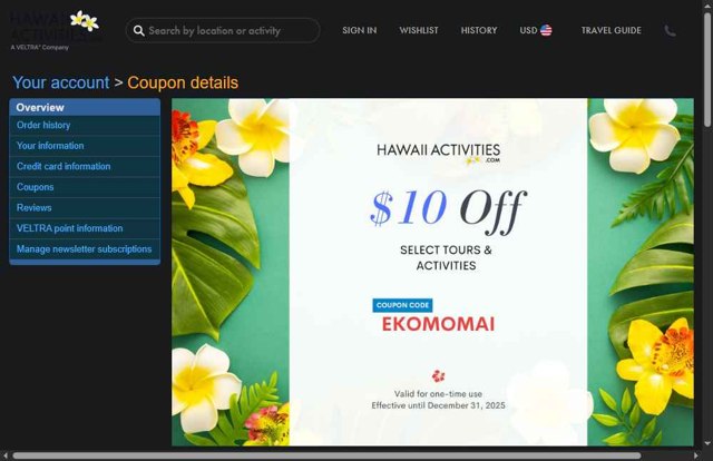 HawaiiActivities.com checkout page showing HawaiiActivities.com coupon code box | Screenshot taken by SimplyCodes community member on Jun 14, 2025