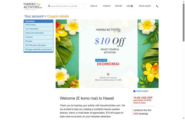 HawaiiActivities.com checkout page showing HawaiiActivities.com coupon code box | Screenshot taken by SimplyCodes community member on Jul 18, 2025
