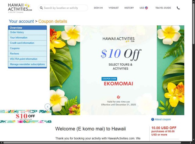 HawaiiActivities.com checkout page showing HawaiiActivities.com coupon code box | Screenshot taken by SimplyCodes community member on Aug 26, 2025