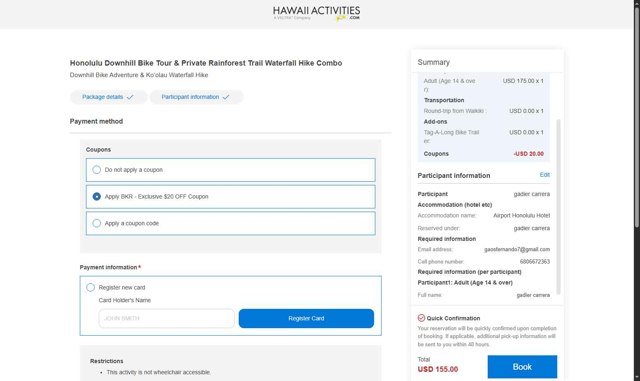 HawaiiActivities.com checkout page showing HawaiiActivities.com coupon code box | Screenshot taken by SimplyCodes community member on Jul 11, 2025