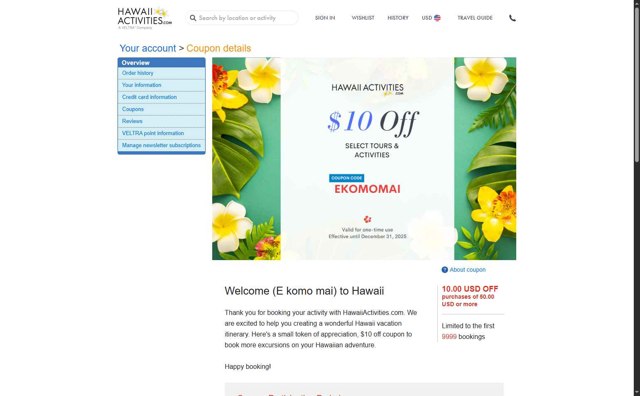HawaiiActivities.com checkout page showing HawaiiActivities.com coupon code box | Screenshot taken by SimplyCodes community member on Jun 17, 2025