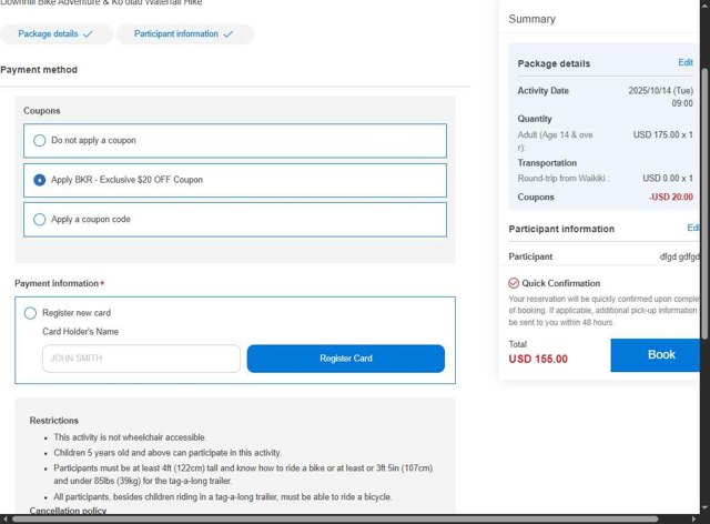 HawaiiActivities.com checkout page showing HawaiiActivities.com coupon code box | Screenshot taken by SimplyCodes community member on Aug 9, 2025