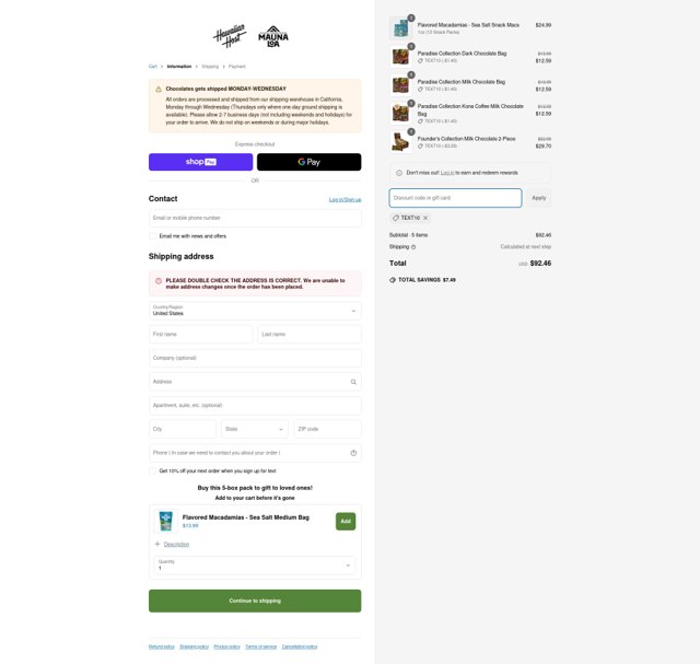 Hawaiian Host checkout page showing Hawaiian Host coupon code box | Screenshot taken by SimplyCodes community member on Apr 9, 2025