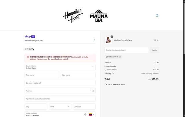 Hawaiian Host checkout page showing Hawaiian Host coupon code box | Screenshot taken by SimplyCodes community member on Apr 26, 2025