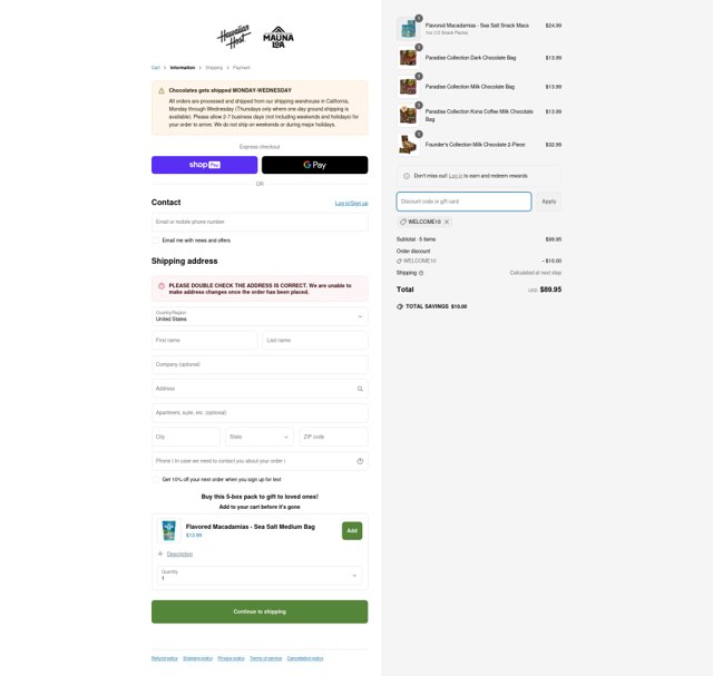 Hawaiian Host checkout page showing Hawaiian Host coupon code box | Screenshot taken by SimplyCodes community member on Apr 9, 2025