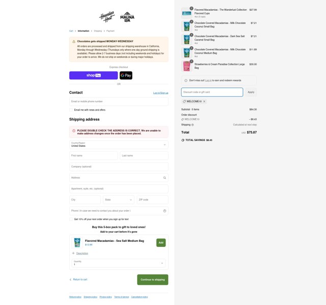 Hawaiian Host checkout page showing Hawaiian Host coupon code box | Screenshot taken by SimplyCodes community member on Apr 1, 2025